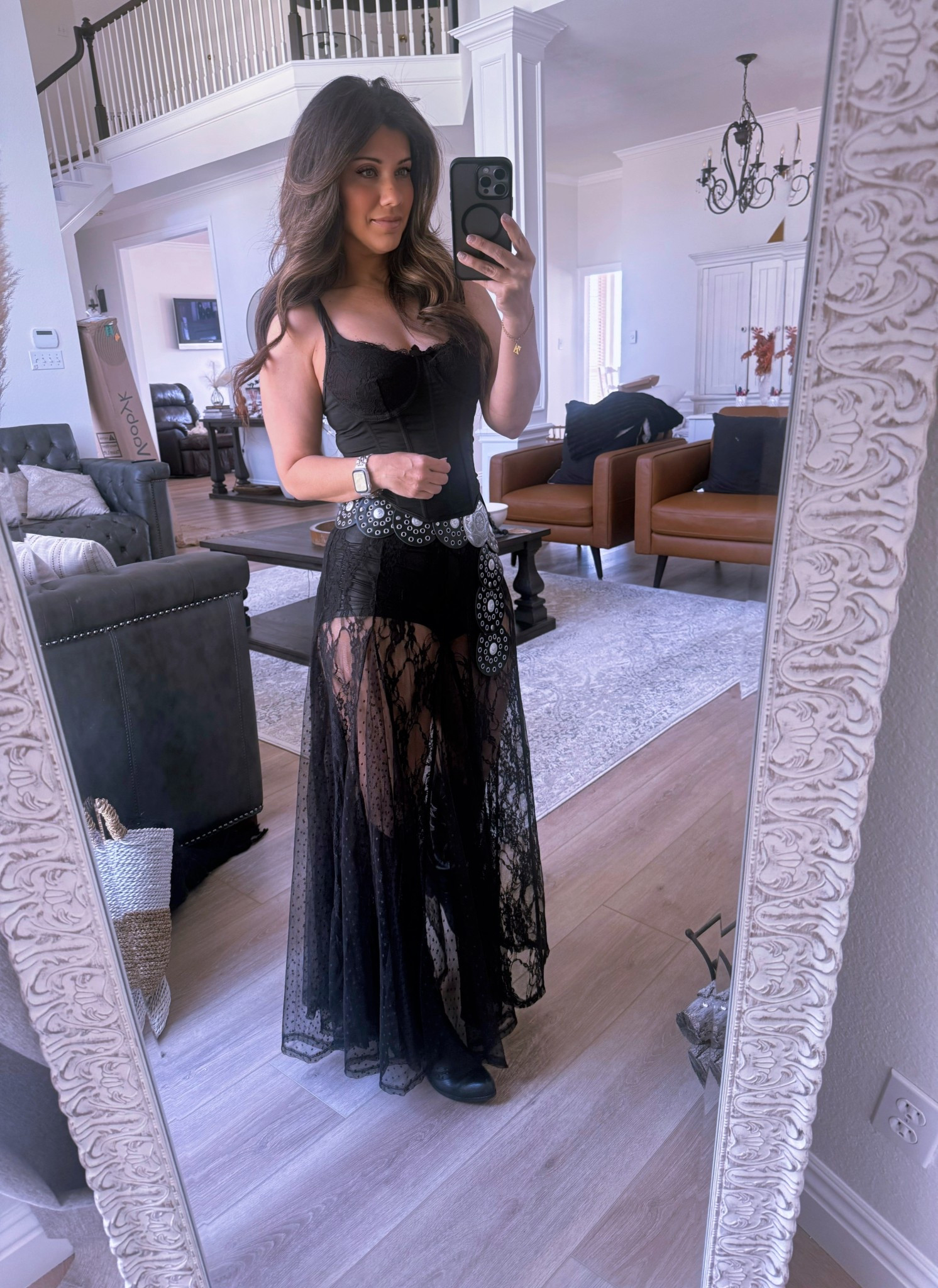 Going dancing to a country club outfit, black sheer maxi skirt, corset top, cowgirl boots, boho belt 

#LTKSeasonal #LTKStyleTip #LTKFestival