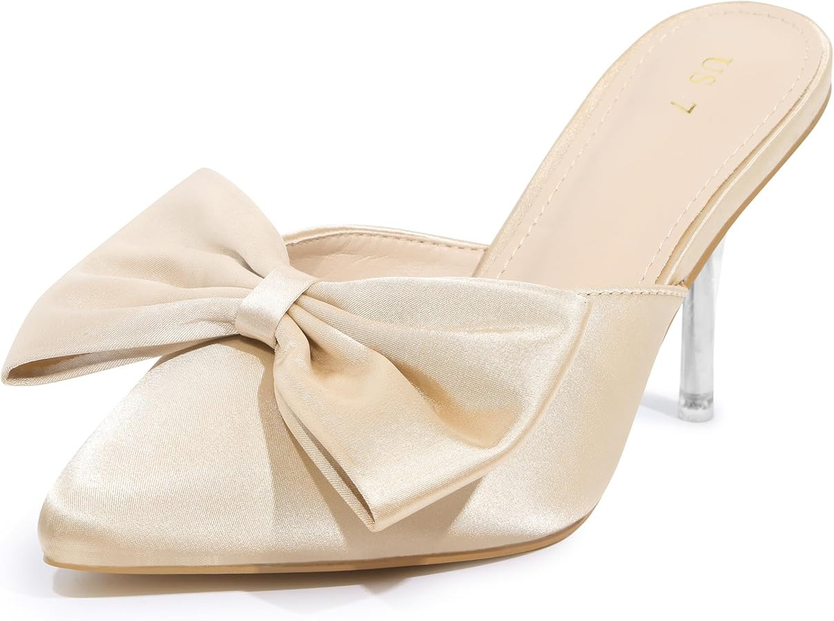 Allegra K Women's Bow Heels Satin Pointed Toe Stiletto Heels Mules | Amazon (US)