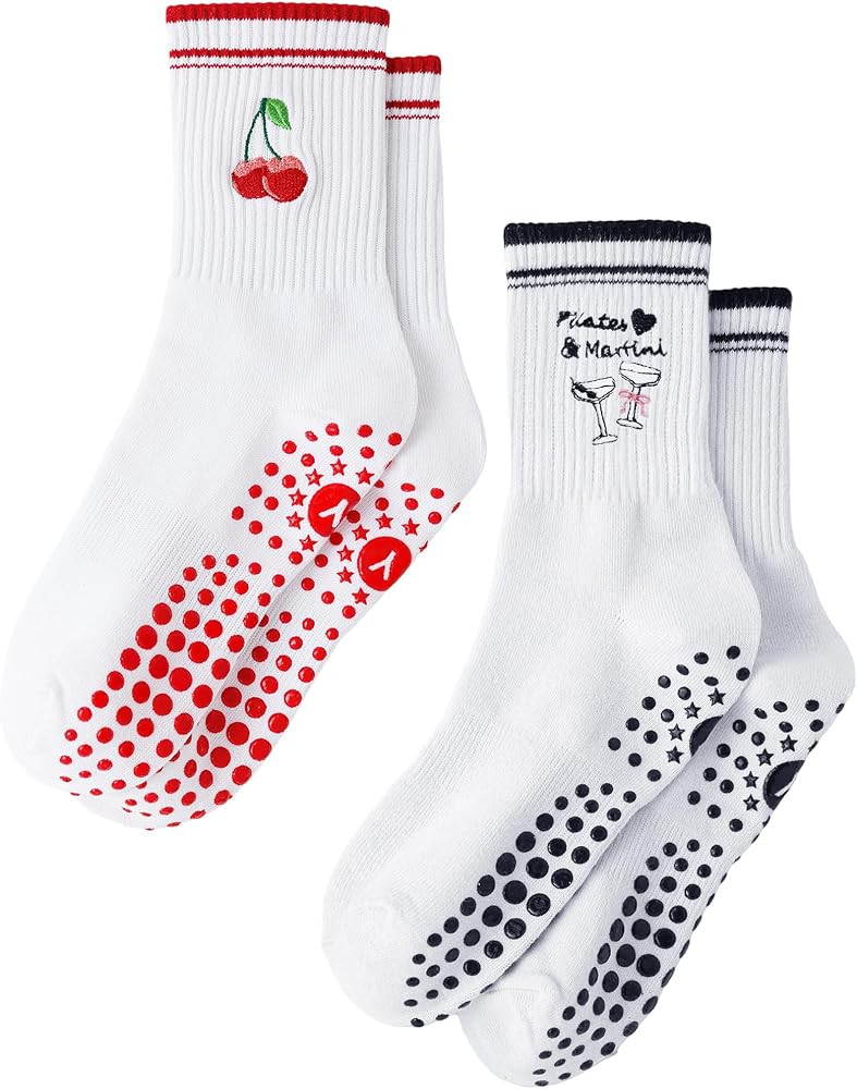 Yawlsow Pilates Grip Socks for Women Yoga Grippy Socks Cute Barre Non Skid Athletic Crew Sticky S... | Amazon (US)