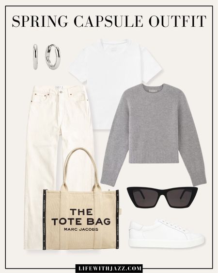 Neutral/cold tone spring outfit inspo 

Gray sweater  / white tee / cream, neutral, jeans / relaxed jeans / canvas, tote bag / mark Jacob’s bag / sunglasses / white sneakers / gold earrings / weekend outfit  

#LTKstyletip #LTKSeasonal