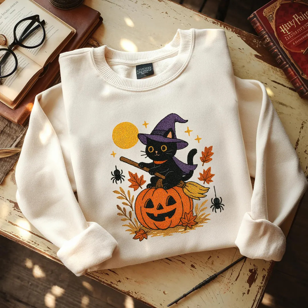 Embroidered Black Cat Witch Sweatshirt: Spooky Halloween Crewneck - Etsy | Etsy (US)