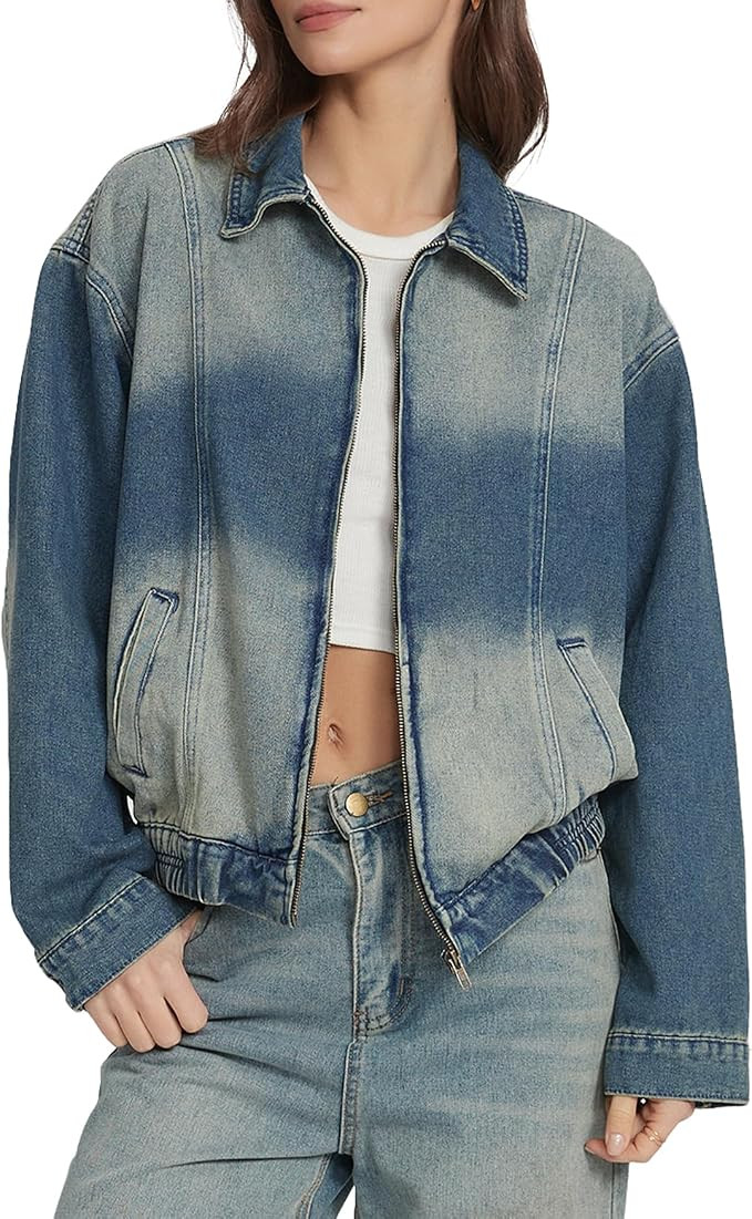 Women's Zip Up Denim Jacket Button Down Long Sleeve Vintage Bomber Jackets | Amazon (US)