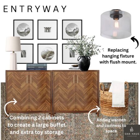 Since we’re talking all things entryway in stories today, here’s the design board I put together for my own (Crystal) entryway design. 

As discussed, we’re replacing our hanging fixture with a flush mount since our ceilings are an average height. This will make the space look bigger. 

I put two cabinets together to create a large buffet and lots of toy storage! *Double win*

I absolutely love my @loloirugs Blake collection. A picture online does not do it justice, it’s to die for in person 😍

For the wall, I will be doing a picture gallery with the large matted frames in black. I can’t wait to showcase more of our family photos from the best @daniellepressleyphoto 🫶🏻

As always, DM us for style and design consultation inquiries!

FOLLOW, LIKE, COMMENT, and SHARE for more home and interior design inspiration 🤍

Follow our shop @Oak.Haus.Collective on the @shop.LTK app to shop this post and get our exclusive app-only content!

#interiordesign #designinspo #homedecor #interiordecorating #decor #styleboard #designboard #virtualhomedesign #interiordecorator #homestaging #raleigh #wakeforest #interiordesignquotes #designtrends #entryway #entrywaydecor #entrywaydesign #buffetcabinet #toystorage #designstyles #loloirugs #galleryway #entrywayideas

#LTKhome #LTKSeasonal #LTKstyletip