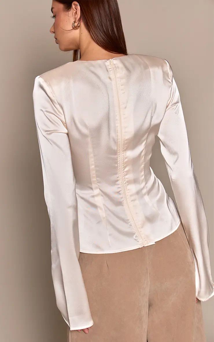 Cream Satin Twist Waist Long Sleeve Top | PrettyLittleThing UK