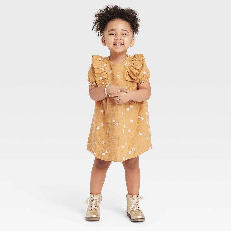 Grayson Collective Toddler Girls' Gauze Ruffle Floral Short Sleeve Dress - Mustard Yellow | Target