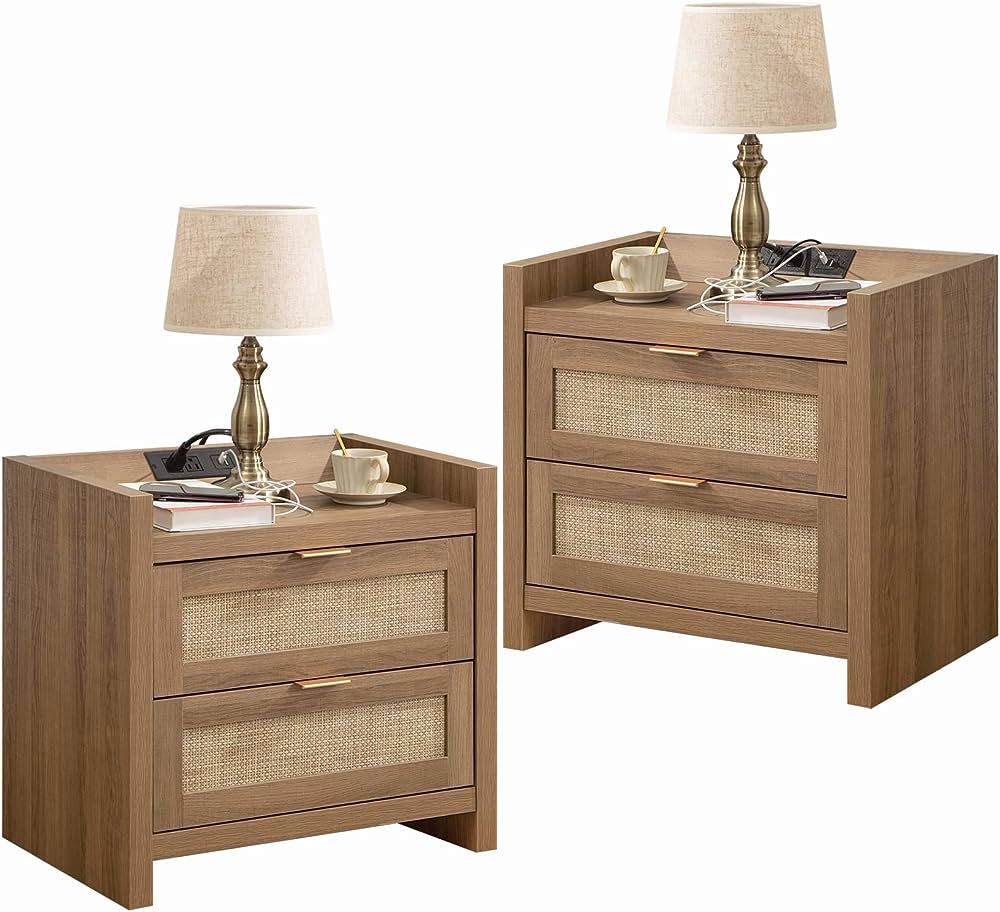 SICOTAS Night Stand Set of 2 - Rattan Nightstands with Type-C Charging Station & 2 Rattan Drawers... | Amazon (US)
