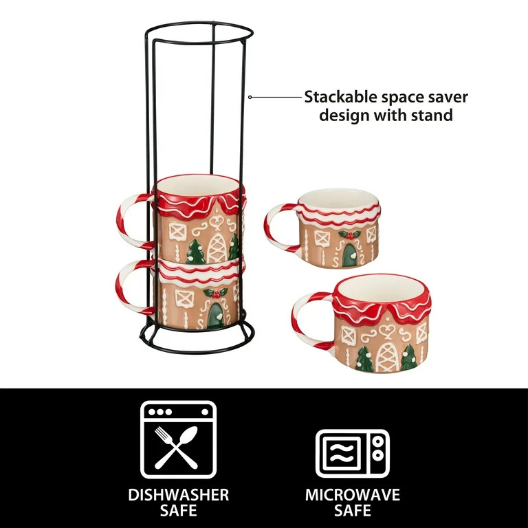 Holiday Time 12oz Gingerbread House Glazed Stoneware Ceramic Stacking Mug Set with Metal Rack | Walmart (US)
