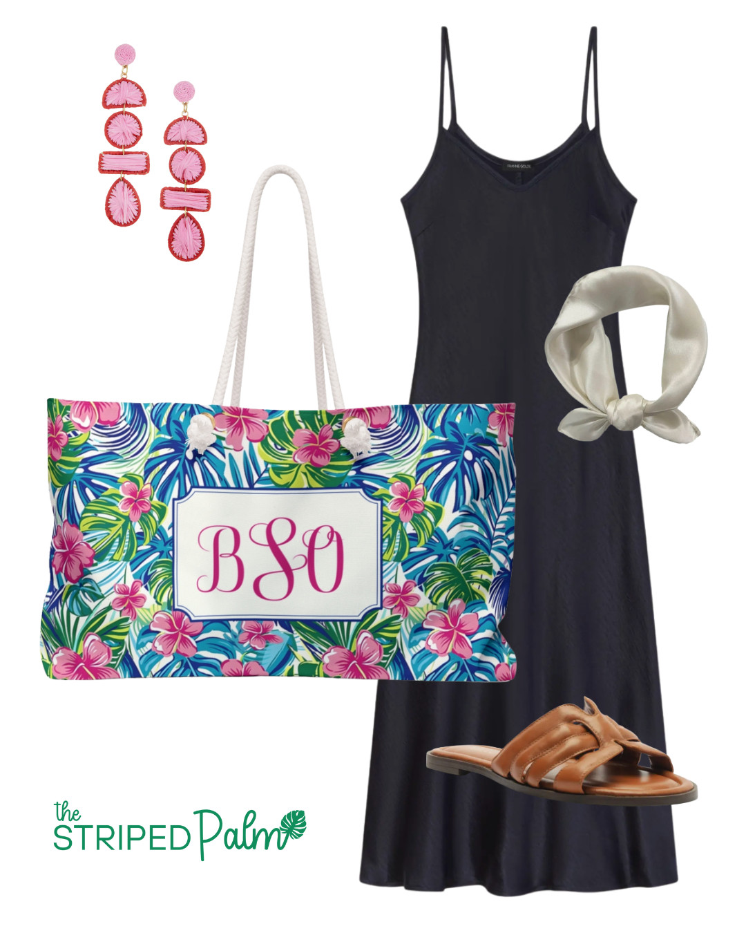 Vacay-ready and effortlessly chic 🌺✈️

This look is giving tropical jet-setter meets Sunday brunch in the Hamptons. Start with the sleek navy slip dress—lightweight, flattering, and oh-so-packable. Then add playful pops of color with statement earrings and our personalized floral weekender (aka the everything bag your suitcase dreams of). Slip on comfy leather sandals and tie it all together with a silk scarf for that vintage-glam touch.

Perfect for:
🌴 Beach weddings
🍓 Resort dinners
🛍️ Airport to Aperol spritz (yes, it’s a vibe)

Shop the look:
👜 Monogram tropical tote (customizable!)
👗 Navy slip dress
👡 Brown braided slides
🧣 Ivory silk scarf
💗 Pink + red drop earrings
🫶 All linked right here for your next getaway! 

 #LTKSummerEdit #LTKTravel #LTKItBag