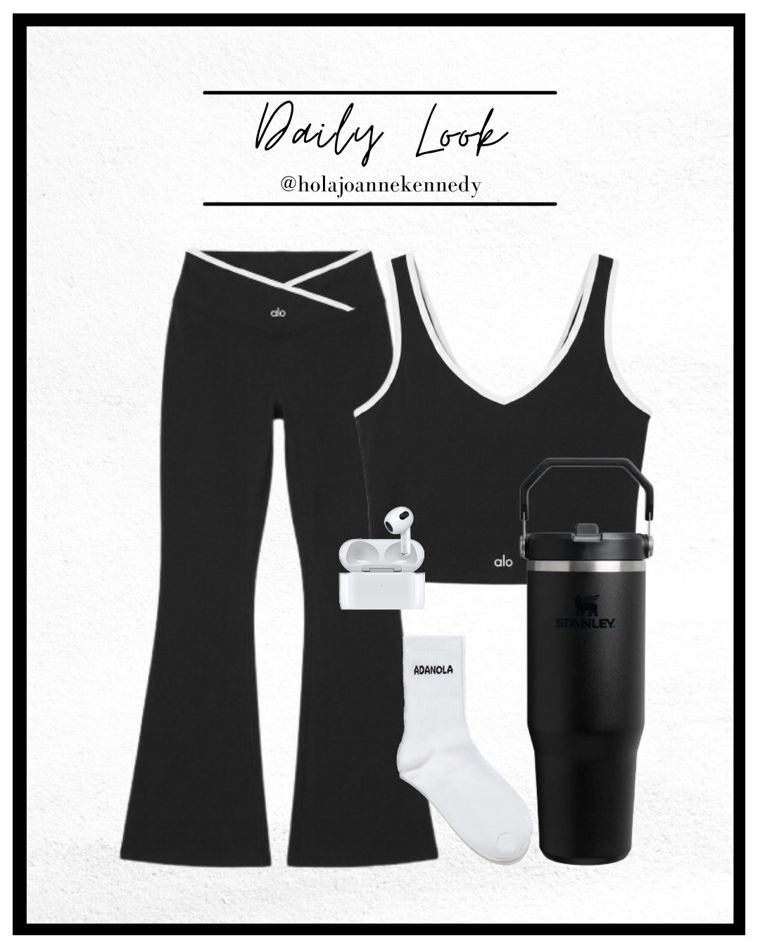 Alo Yoga flared leggings, Alo Yoga longline sports bra, Stanley tumbler, AirPods, Adanola socks, black activewear set, flared leggings outfit, off duty style, everyday uniform, WFH outfits 

#LTKuk #LTKfitness #LTKstyletip