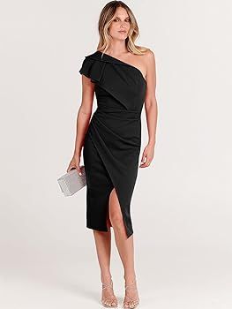 ANRABESS Women's Sleeveless Cocktail Midi Dress One Shoulder Formal Wedding Guest Dresses Ruffle ... | Amazon (US)