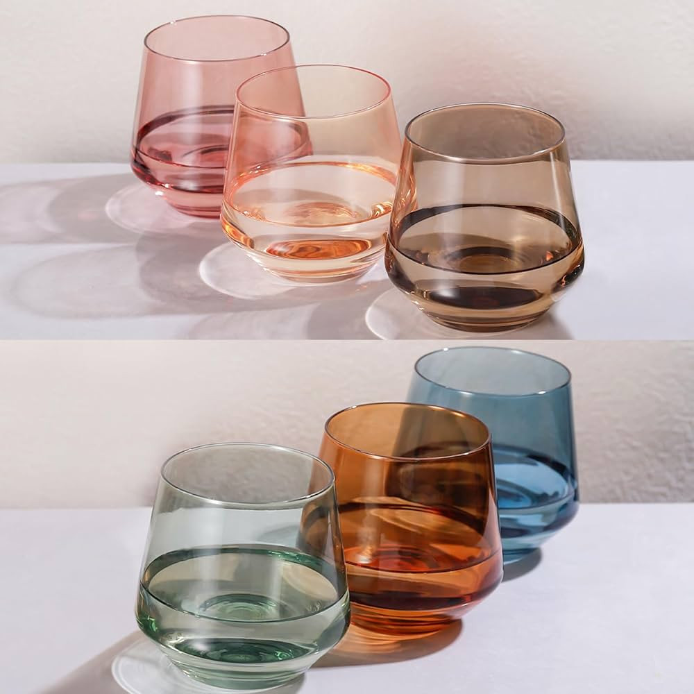 Stemless Wine Glasses Set 6【Colored Wine Glasses】 Multi Color Short Tumbler【14oz】 Colored... | Amazon (US)