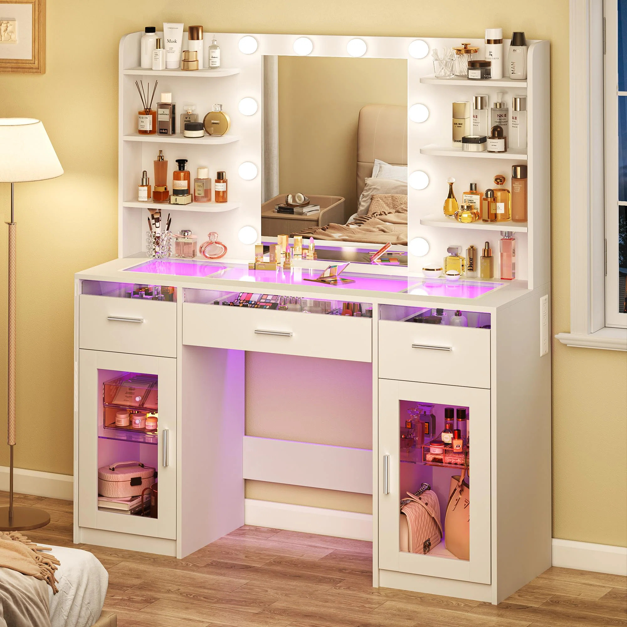 Makeup Vanity Desk With Adjustable Lighting, See-through Desktop, Power Outlet | Wayfair North America