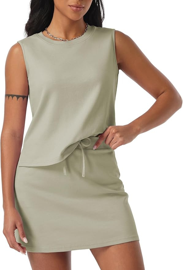 EXLURA Womens Summer 2 Piece Short Skirt Sets Sleeveless Top and Tennis Skorts Dressy Cotton Matc... | Amazon (US)
