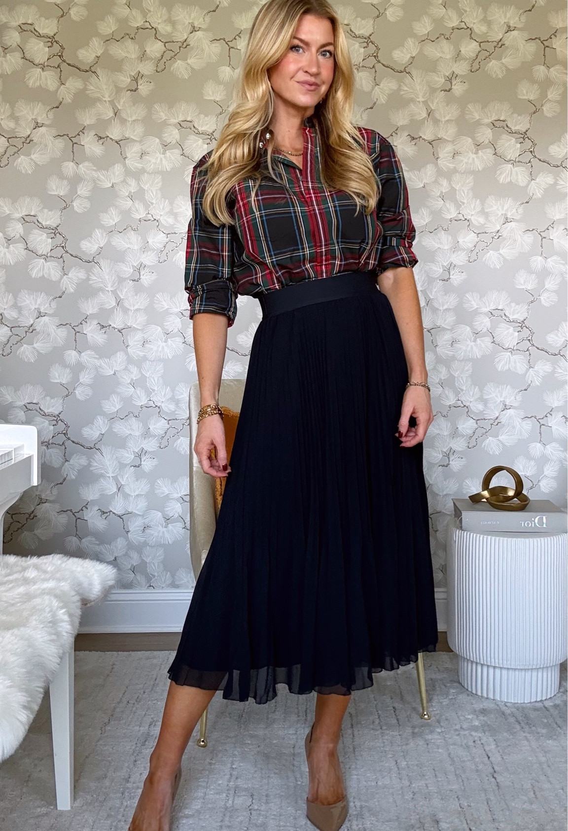 Tartan blouse 50% off + navy chiffon skirt 

#LTKSeasonal #LTKstyletip #LTKworkwear