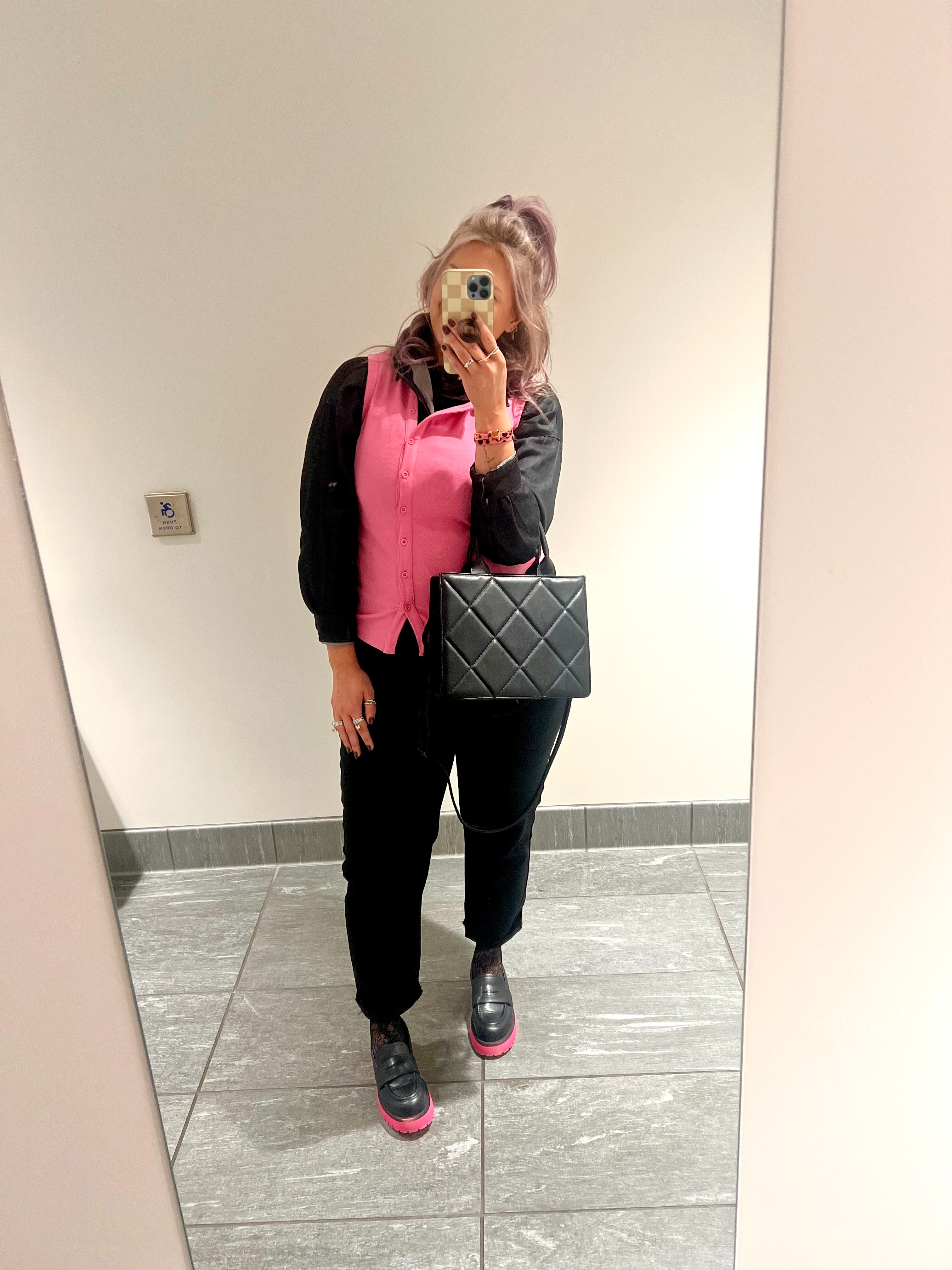 Business outfit but make it fun!!! 

black jeans, black denim, black, pink, bubblegum pink, tank top, asymmetrical, denim button down shirt, lace layering shirt, black lace, tank top as vest, vest, button down, stovepipe jeans, tapered jeans, loafers, platform loafers, pink, pop of color, structured bag, satchel bag, workwear, edgy workwear, layering, lace socks 

 #LTKootd #LTKOver40 #LTKWorkwear
