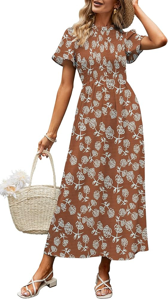 Aifer Women's Summer Smocked Floral Bohemian Short Sleeve Casual Ruffle Collar Beach Long Maxi Dress | Amazon (US)