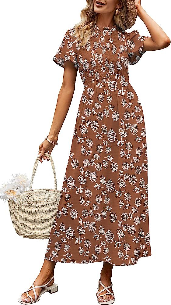 Aifer Women's Summer Smocked Floral Bohemian Short Sleeve Casual Ruffle Collar Beach Long Maxi Dress | Amazon (US)