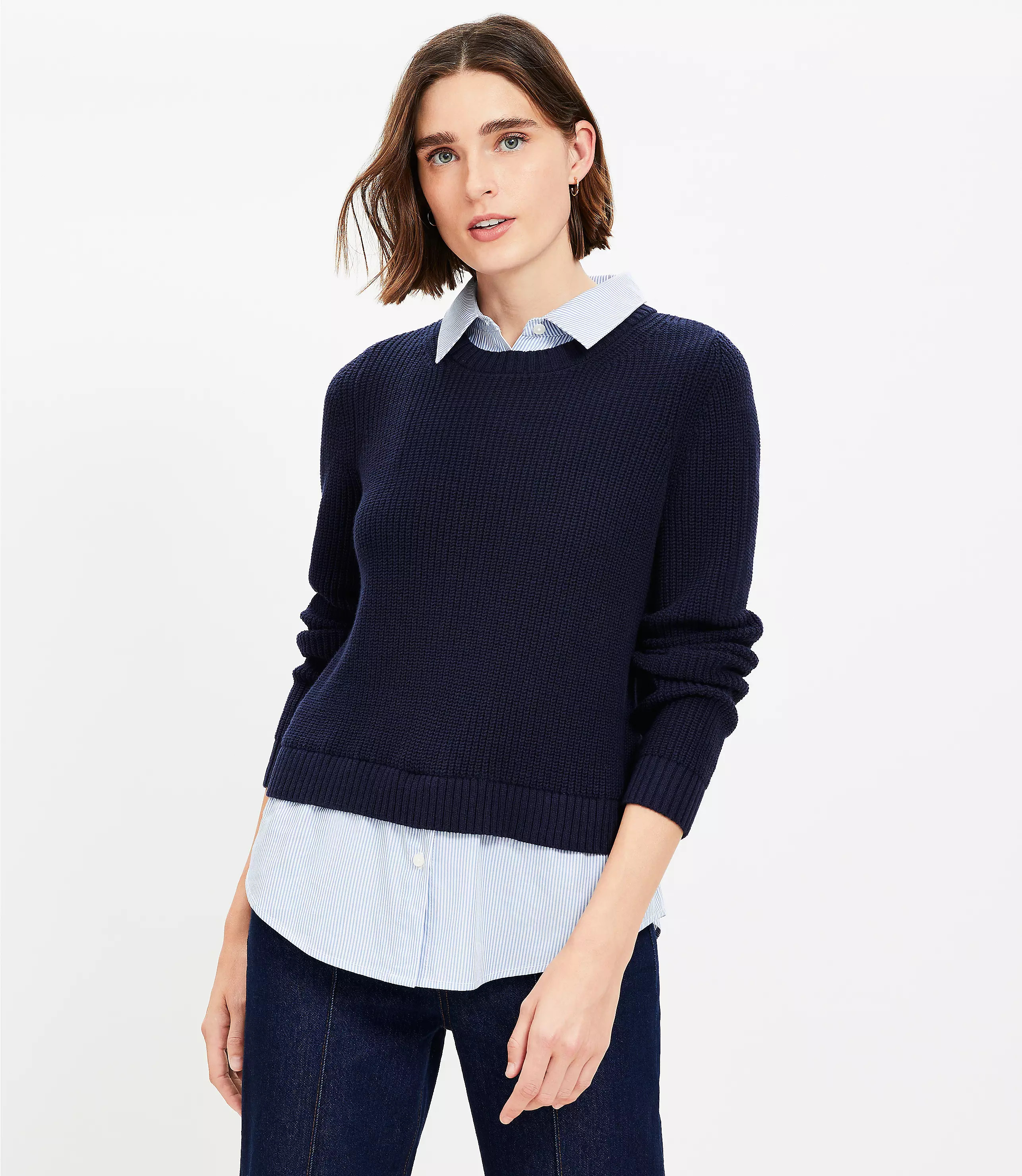 Ribbed Layered Mixed Media Sweater | LOFT