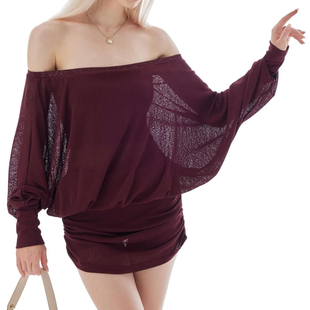 Loose Fit Sheer Dress Batwing Off The Shoulder Long Sleeve Mini Ruched Oversized Casual Streetwea... | Amazon (US)