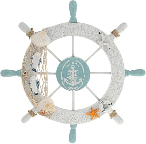 Rienar Nautical Beach Wooden Boat Ship Steering Wheel Fishing Net Shell Home Wall Decor White - F... | Amazon (US)