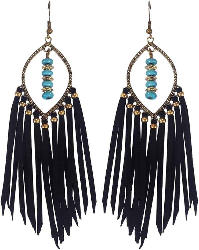 Long Bohemian Fringe Leather Earrrings Handmade Tassel Earrings with Turquoise Long Dangle Earrin... | Amazon (US)