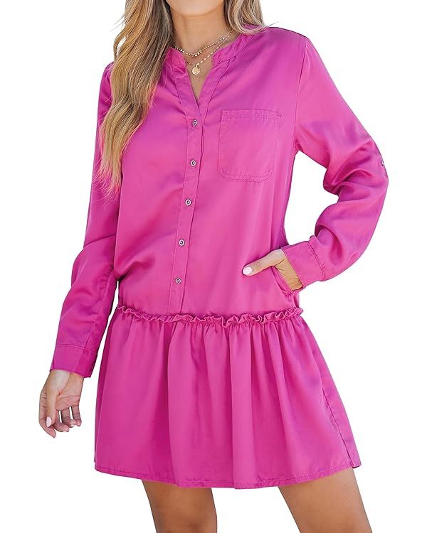 luvamia Denim Dress for Women Long Sleeve Shift Button Down Ruffle Jean Dresses Chambray Western ... | Amazon (US)