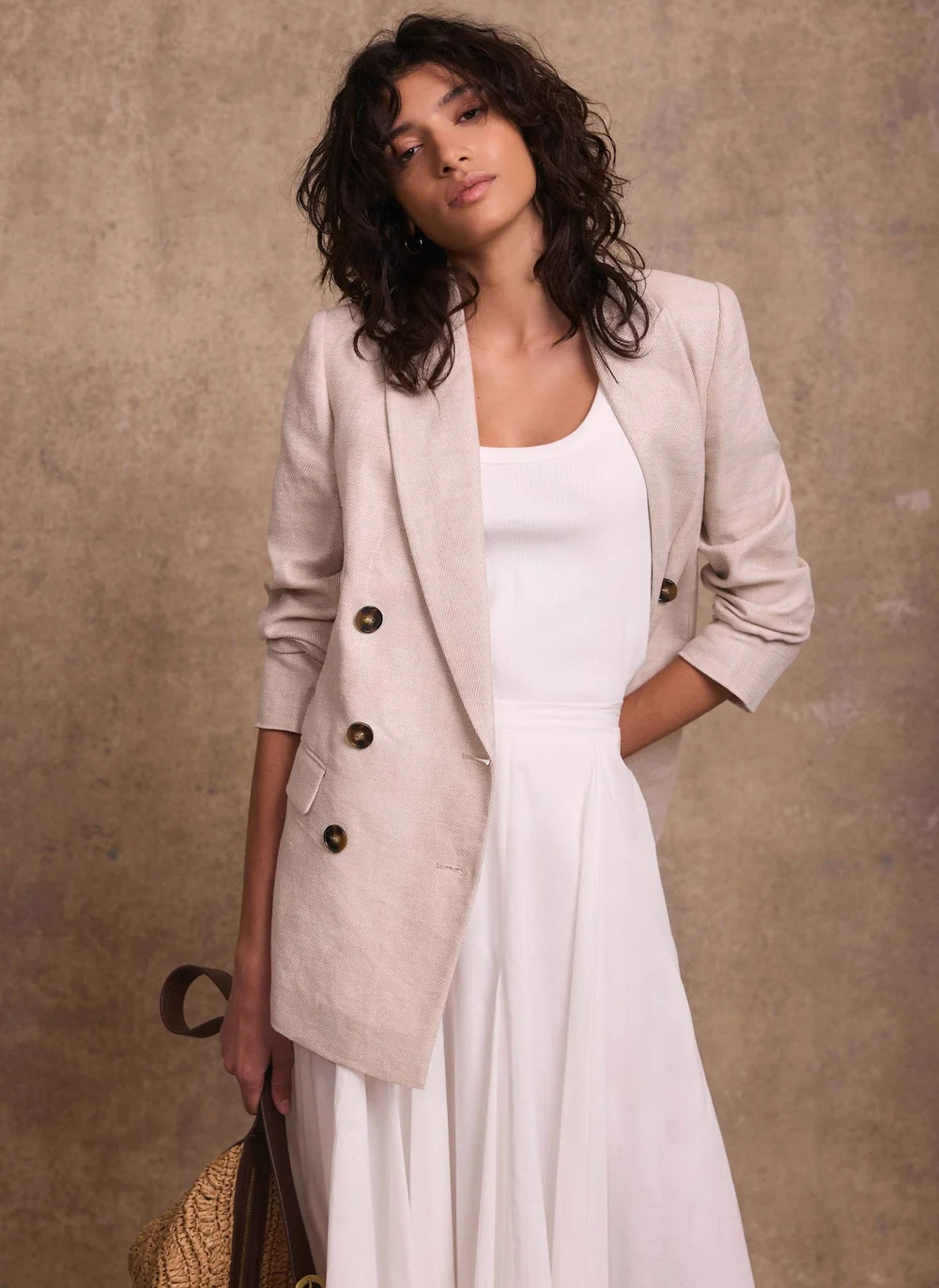 Neutral Linen Double Breasted Blazer | Mint Velvet