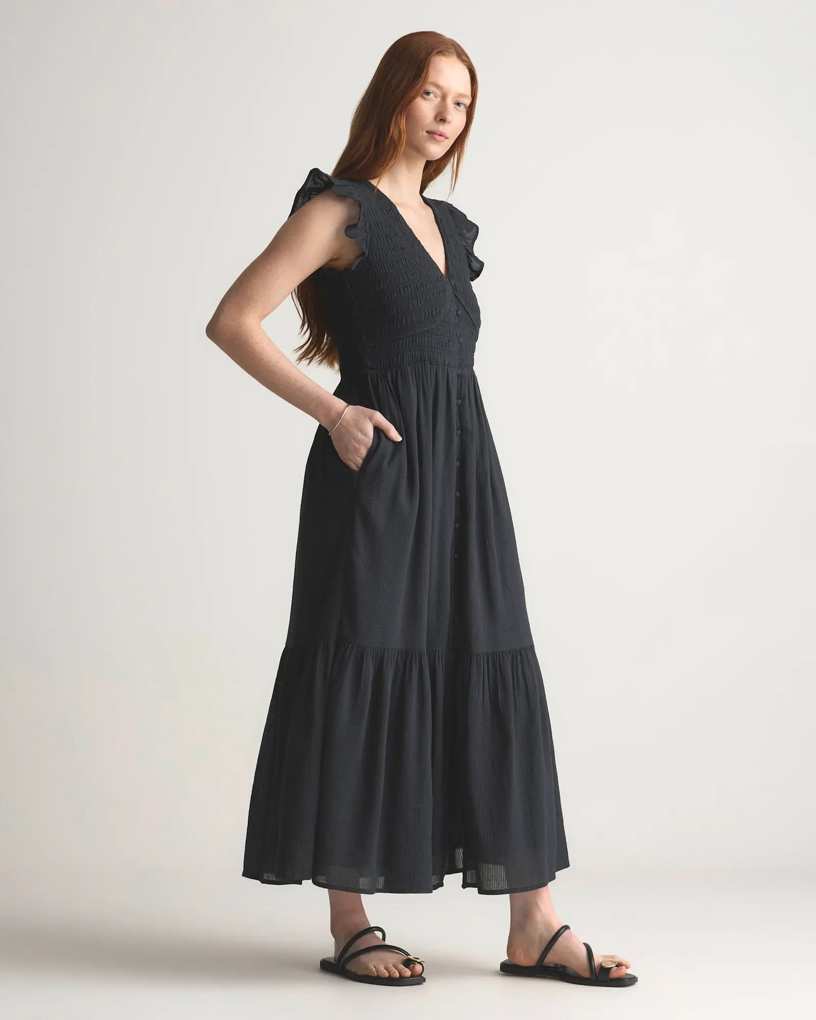 Organic Textured Cotton Smocked V-Neck Midi Dress in True Black | Quince