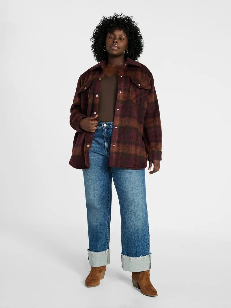Terra & Sky Women's Plus Longline Brushed Plaid Shacket, Midweight, Sizes 0X-5X | Walmart (US)
