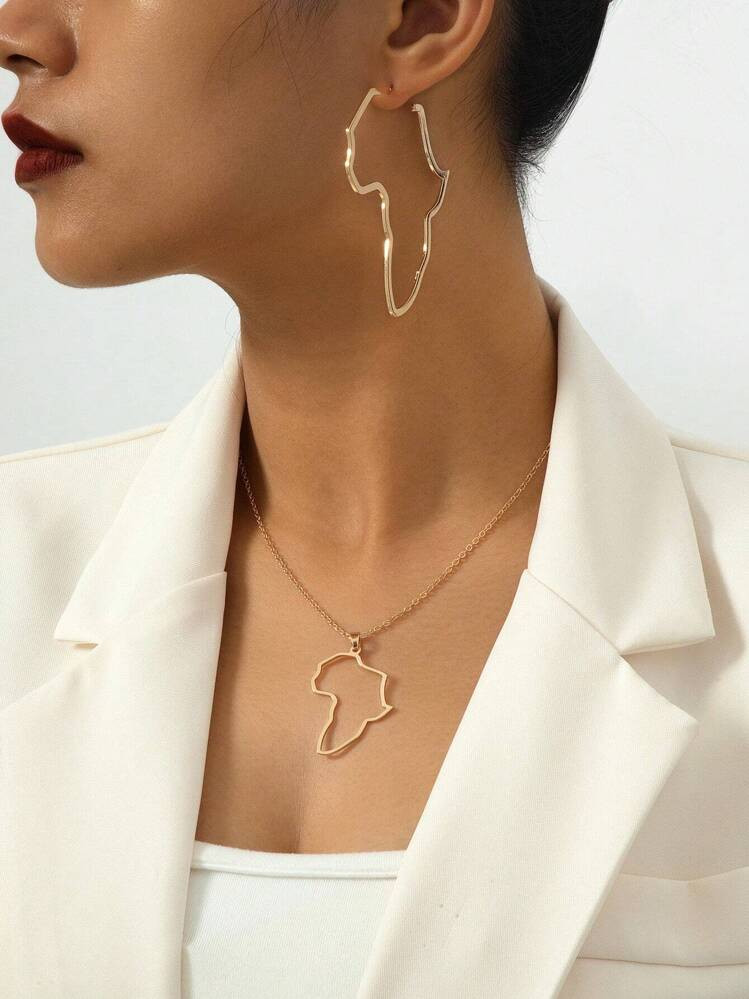 1set New Arrival Simple Hollow Out Map Pendant Necklace & Earrings For Women, Suitable For Daily ... | SHEIN