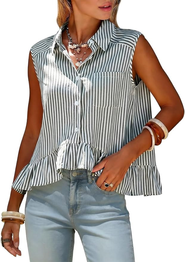 EXLURA Women Summer Top 100% Cotton Faux Linen Sleeveless Shirts Cropped Peplum Tops Casual Strip... | Amazon (US)
