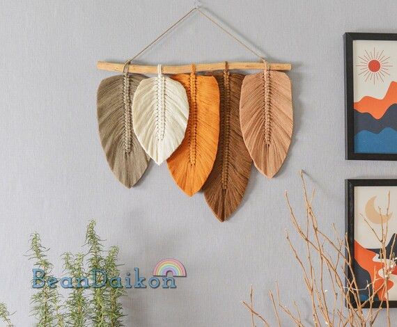 Macrame Feather Wall Hanging Earth Tone Wall Art Fall Leaf - Etsy | Etsy (US)