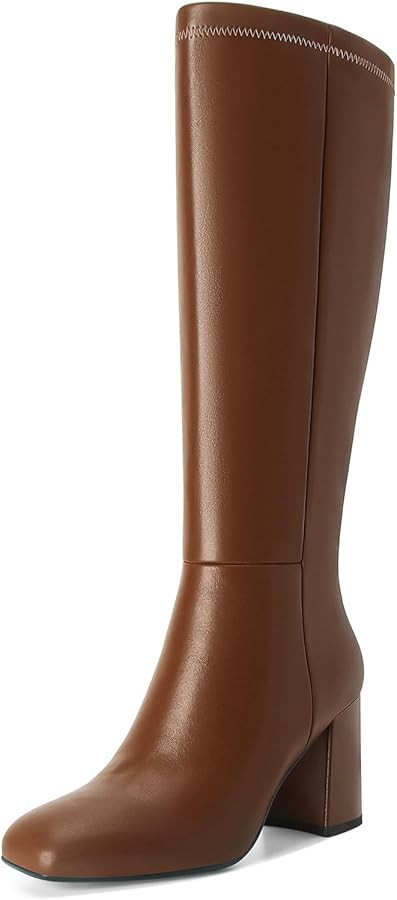 SOVANYOU Women's Faux Leather Tall Boots Fashion Square Toe Chunky Heel Knee High Boots with Side... | Amazon (US)