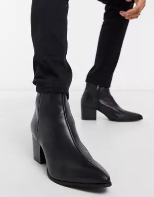 ASOS DESIGN heeled chelsea boots with pointed toe in black leather with black sole | ASOS (Global)