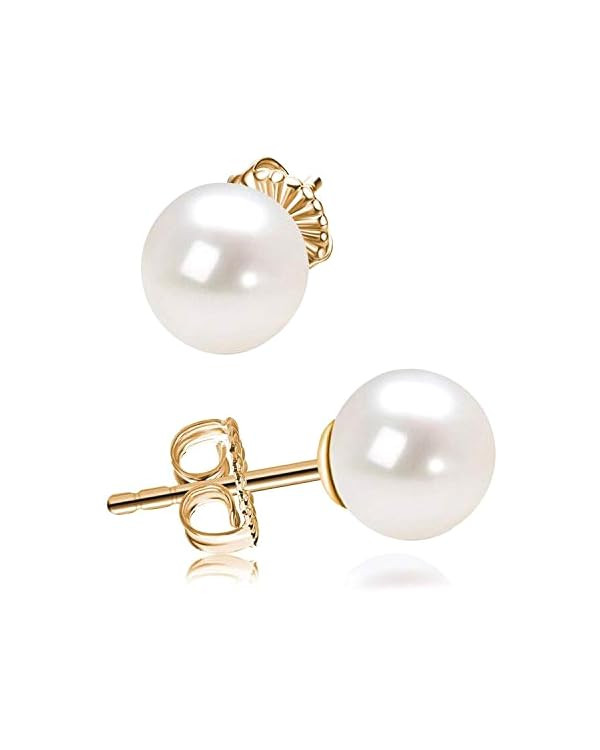 Classic Gold Plated Sterling Silver Round White Simulated Pearl Stud Earrings for Women | Amazon (US)