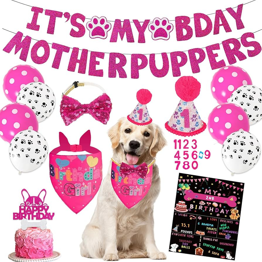 Hot-Pink Dog Birthday Party Supplies Pet Birthday Bandanas Girl Doggy Birthdays Hat Bow Tie Greet... | Amazon (US)