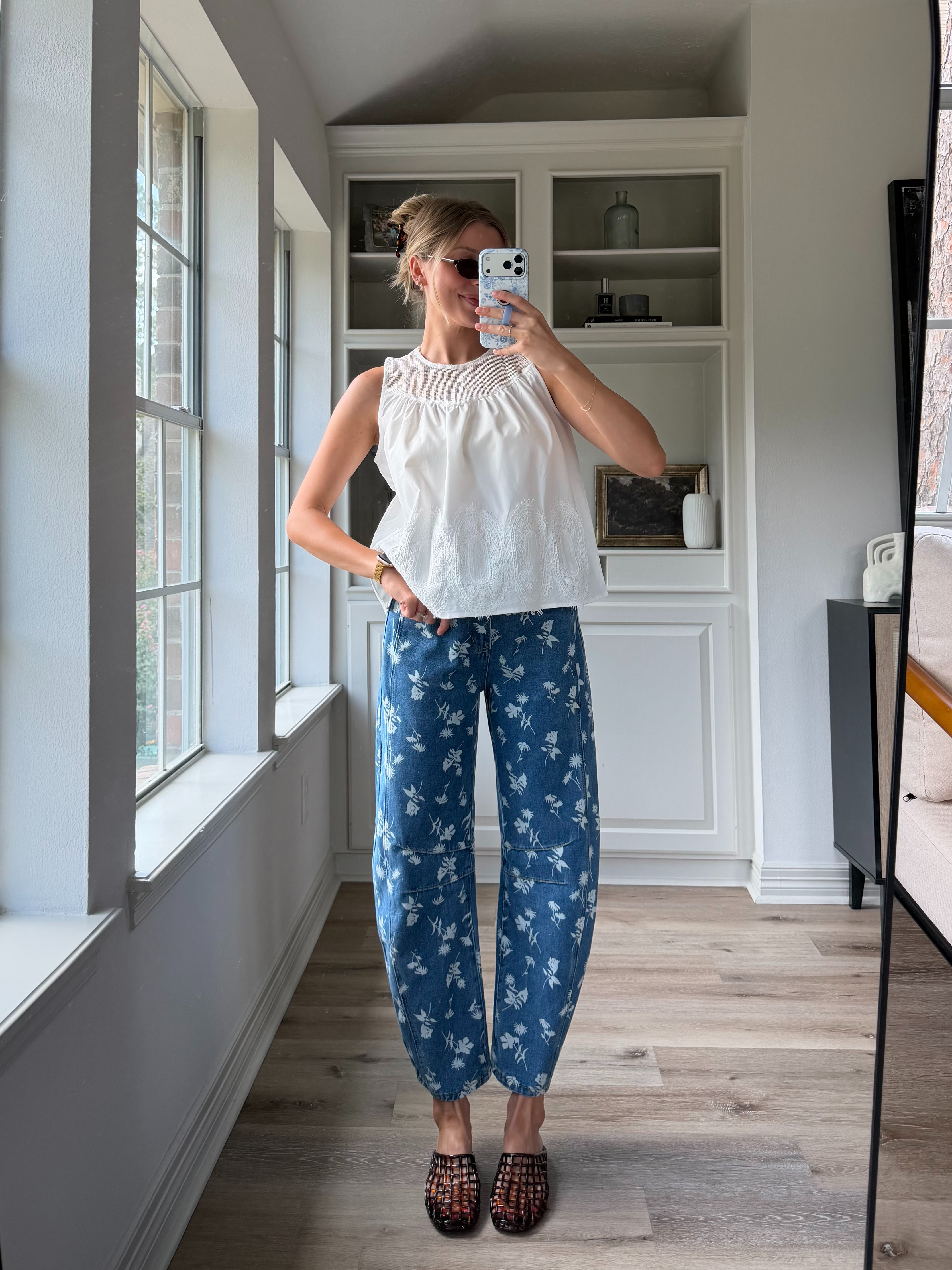 Flowy white tank for summer! Small in top, 4 in floral denim 

 #LTKootd
