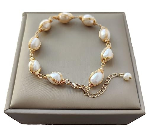 Cosfog Baroque Pearl Bracelet, Exquisite Natural Freshwater Pearls - 18K Gold Plated Copper Wire Wrapped, Artisan Crafted - Fashionable, Vintage Lucky Jewelry Gift for Her | Amazon (US)