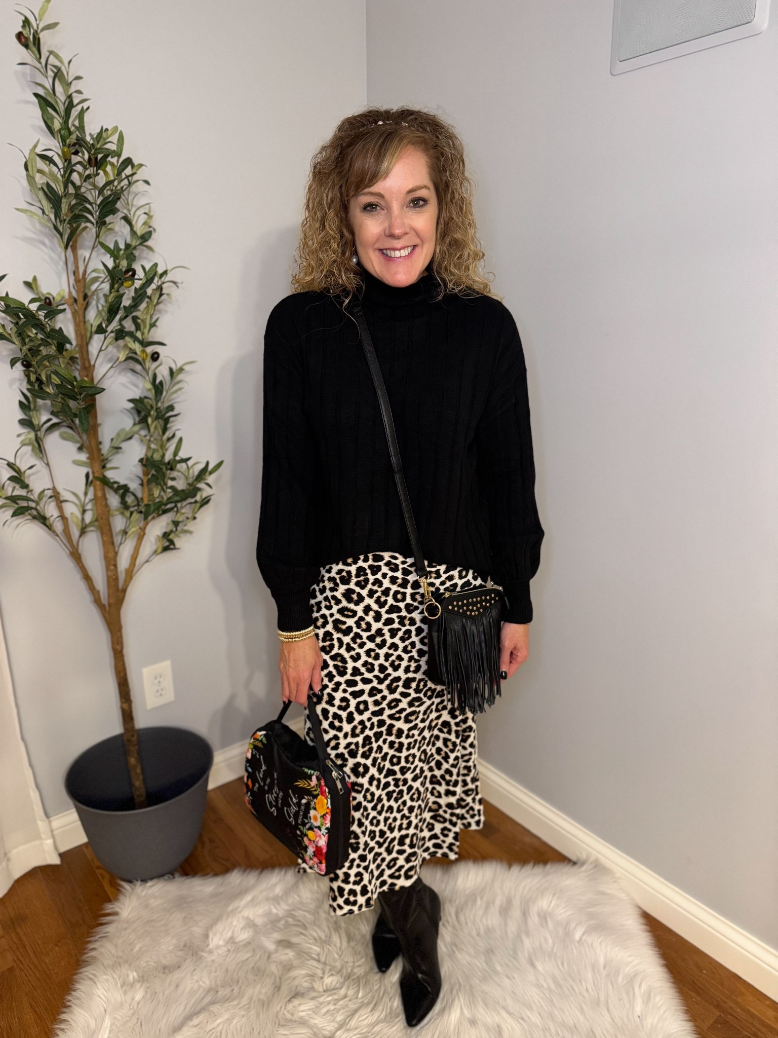 Walmart church outfit / church style / fall outfit / winter outfit / over 40 

Mock neck Sweater- size small (runs a little big) 
Leopard Skirt- small
Boots- linking similar 

#LTKFindsUnder50 #LTKOver40 #LTKStyleTip