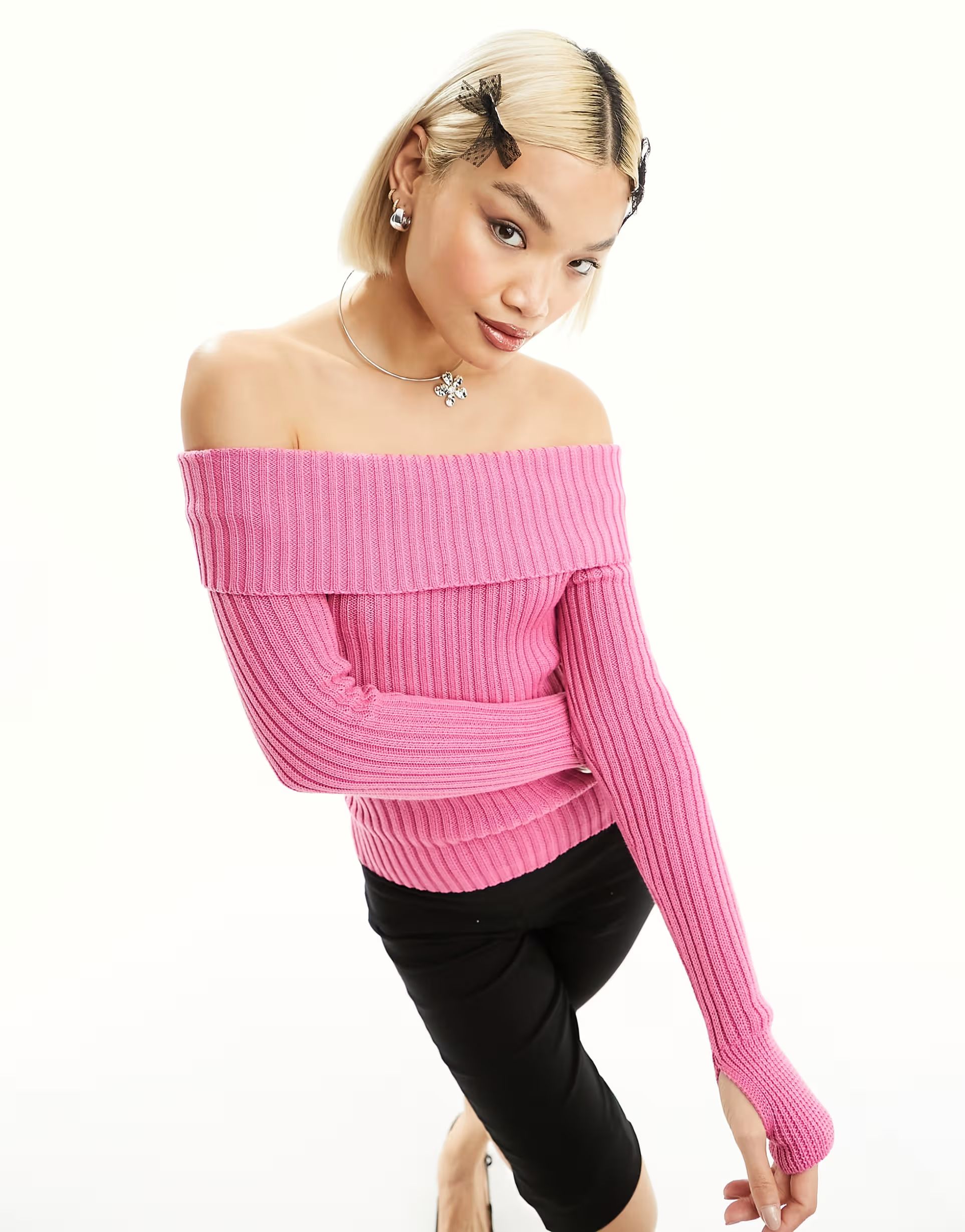 Motel chunky rib off shoulder jumper in hot pink | ASOS | ASOS (Global)