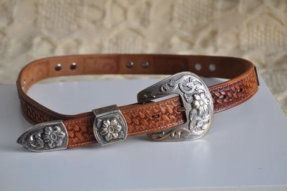 Vintage 90s tan leather belt, tooled western leather belt by Nocona, boho stamped belt with metal... | Etsy (US)