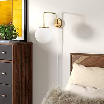 DAYCENT Modern Plug-in Wall Sconce Opal Glass Globe Swing Arm Brass Wall Sconce with On/Off Switc... | Amazon (US)
