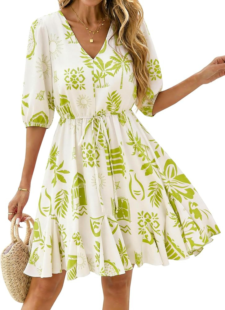 BTFBM Women Summer Spring Floral Boho Dress 2026 V Neck Short Sleeve Ruffle Beach Vacation Clothe... | Amazon (US)