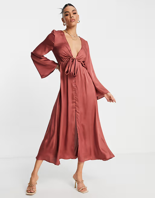 ASOS DESIGN tie front satin midi dress in rust | ASOS (Global)