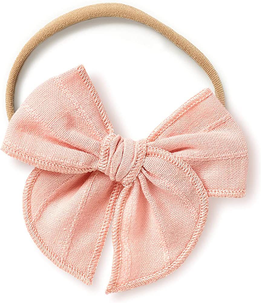 Little Poppy Co Bows, Handmade Claire Bow, Solid Embroidered Stripe (Pink, Mini Nylon) | Amazon (US)