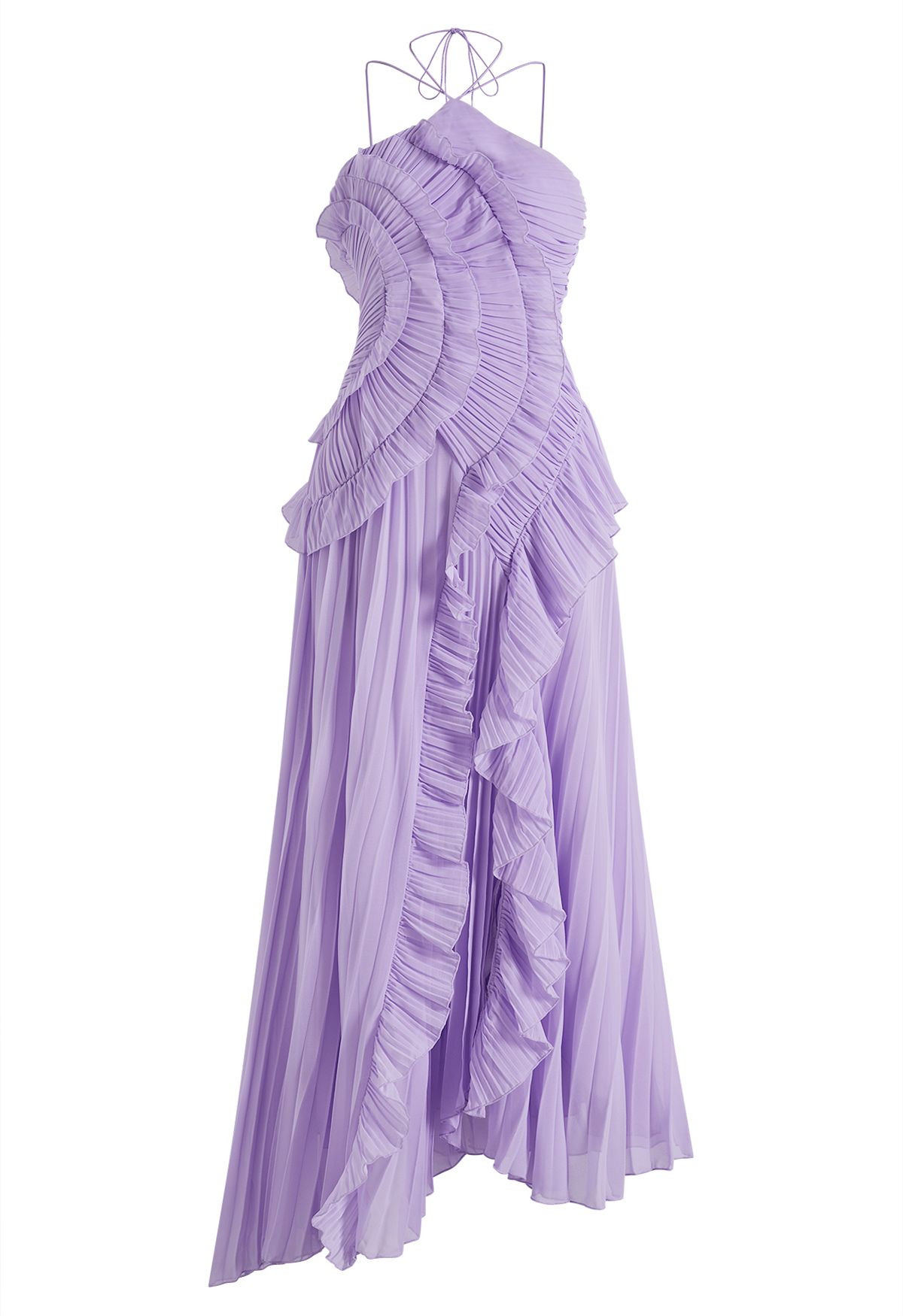 Asymmetrical Ruffle Halter Tie-Neck Pleated Maxi Dress in Lilac for Anniversary Dinner & Art Open... | Chicwish