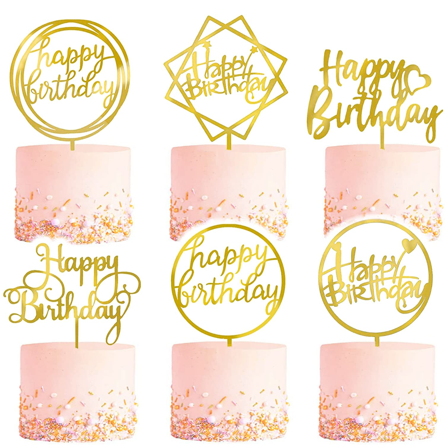 6-Pack Gold Birthday Cake Topper Set, Double-Sided Glitter, Acrylic Happy Birthday Cake Toppers/C... | Amazon (US)