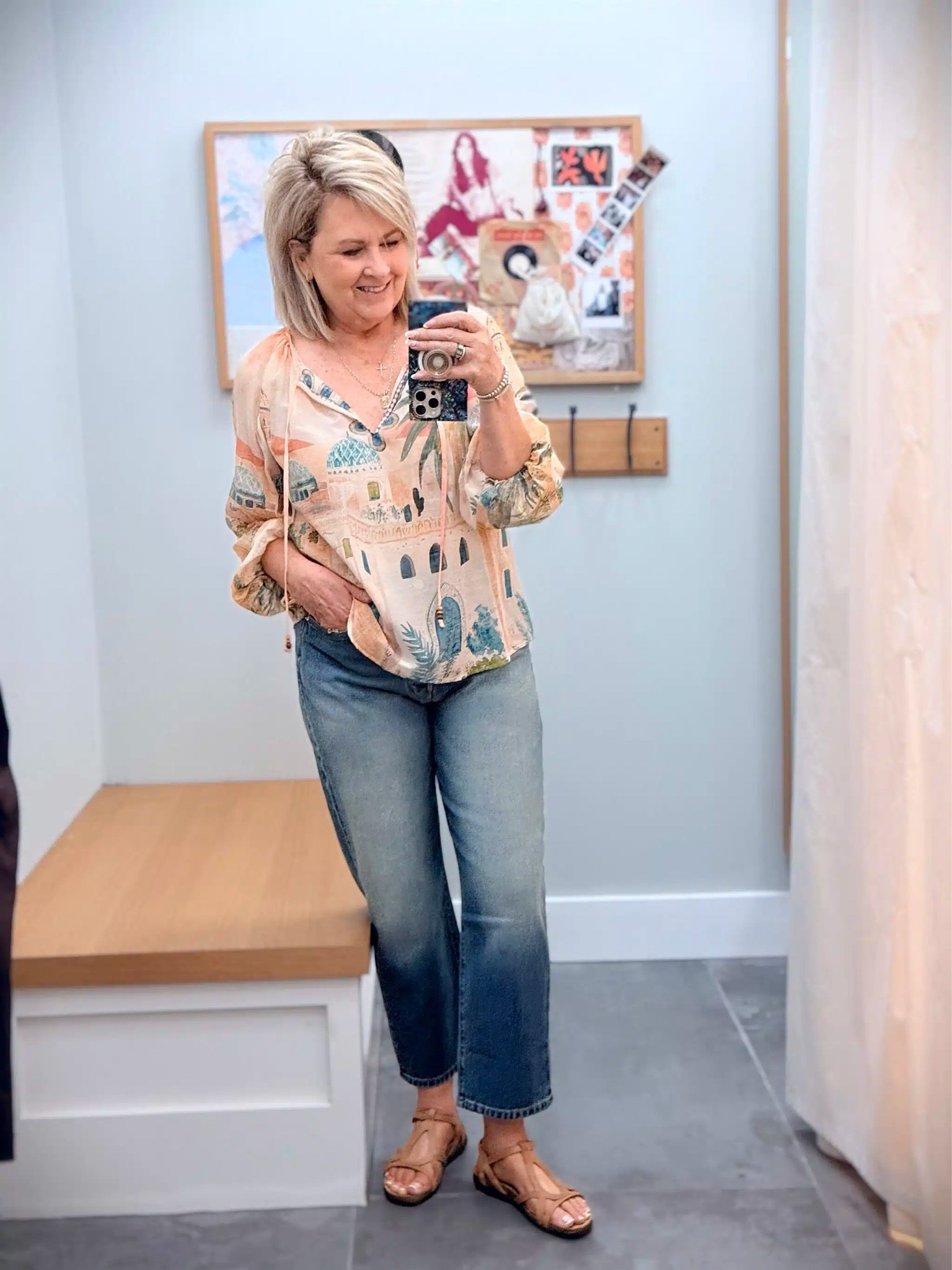 This outfit is perfectly casual. I love the print of this blouse paired with jeans, but white jeans would have been great too. My blouse is a medium and barrel jeans are a 29.

#LTKWorkwear #LTKOver40 #LTKootd