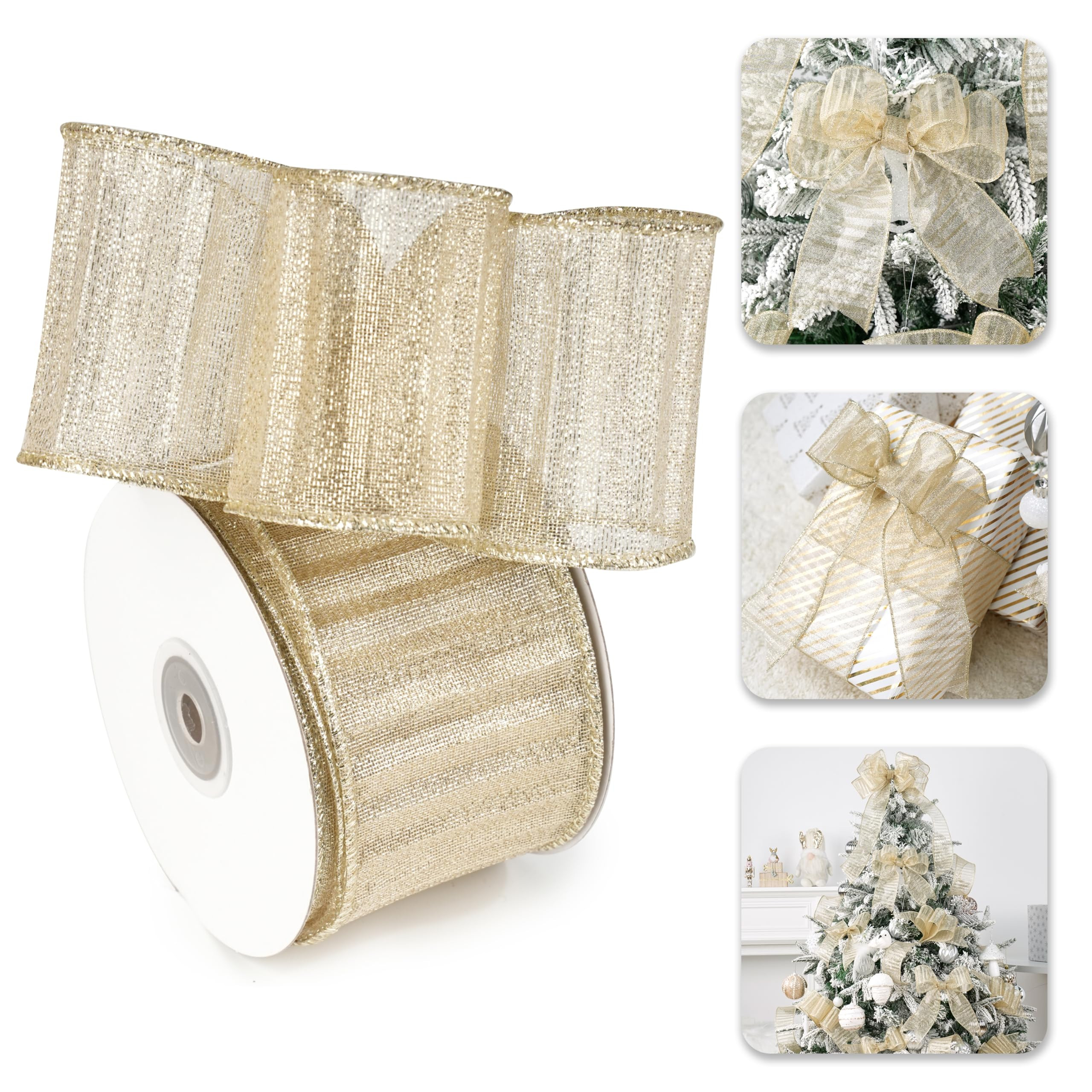 Champagne Gold Ribbon Wired 2.5" X 10 Yards Champagne Gold Crinkle Metallic Christmas Ribbon for ... | Amazon (US)