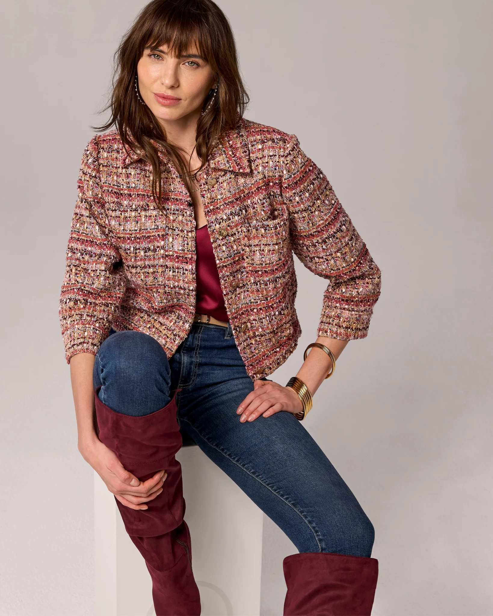3/4 Sleeve Bomber Tweed Jacket with Novelty Buttons - Purple Multi | Boston Proper